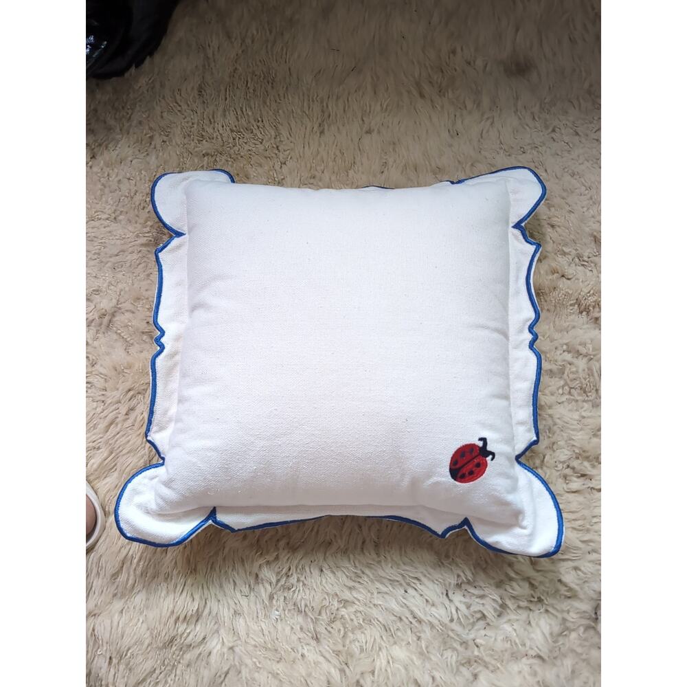 Anthropologie Penelope Cotton Embroidered Ladybug Icon Scalloped Accent Pillow